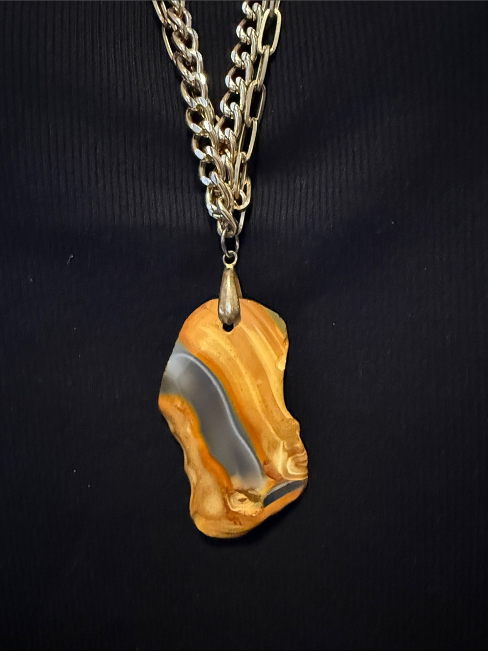 Gold Chain Necklace with Orange and Gray Agate Pendant